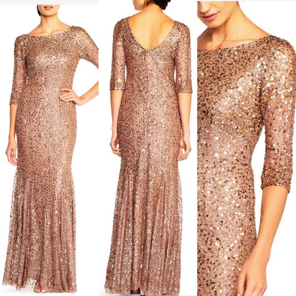 Adrianna Papell Long Sleeve Rose Gold Sequin Gown - Picture 6 of 9
